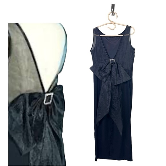 Betsy & Adam Black Mesh V Back Oversized Bow Rhinestone Occasion Party Dress - Picture 4 of 16
